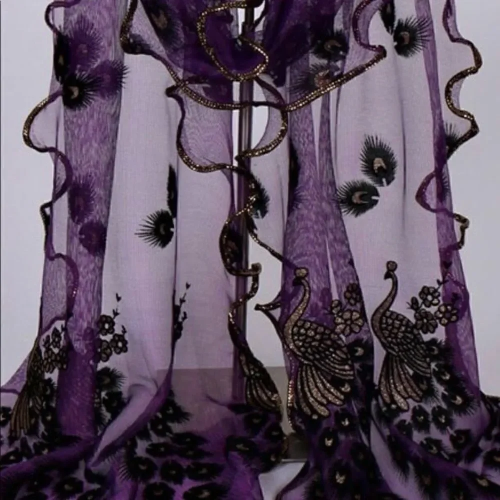 NWT Scarf/Wrap beautiful so much detail peacock floral embroidery chiffo…